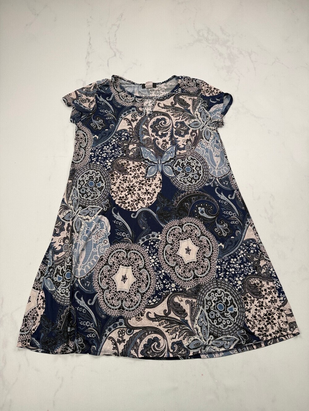 Espresso Printed Mini Dress Navy Blue 90s Abstract Print - Womens L